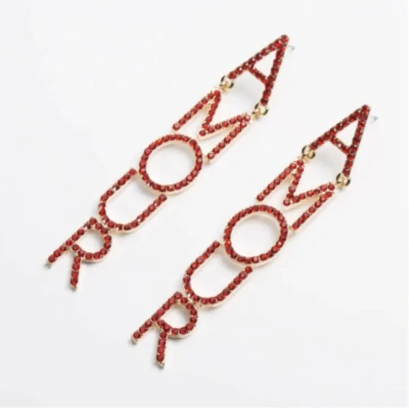 Amour LOVE Red Rhinestone Crystal Gold Long Drop Earrings Valentines Glam - Picture 3 of 8